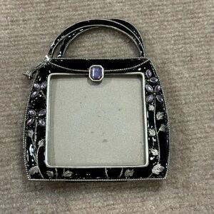 PHOTO FRAME:  Jeweled Purple and Black Enamel Purse Bag Picture Frame Floral